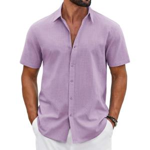 imageCOOFANDY Mens Button Down Shirts Short Sleeve Casual Shirt Cotton Summer Beach Linen Wedding ShirtsLavender