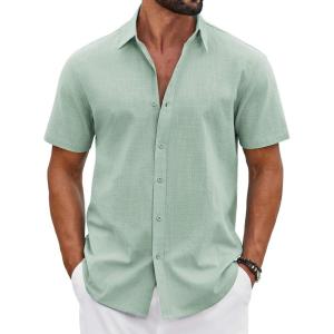 imageCOOFANDY Mens Button Down Shirts Short Sleeve Casual Shirt Cotton Summer Beach Linen Wedding ShirtsLight Green