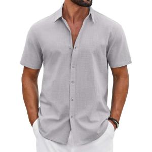 imageCOOFANDY Mens Button Down Shirts Short Sleeve Casual Shirt Cotton Summer Beach Linen Wedding ShirtsLight Grey