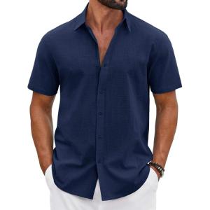 imageCOOFANDY Mens Button Down Shirts Short Sleeve Casual Shirt Cotton Summer Beach Linen Wedding ShirtsNavy Blue