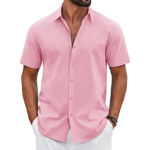 imageCOOFANDY Mens Button Down Shirts Short Sleeve Casual Shirt Cotton Summer Beach Linen Wedding ShirtsPink