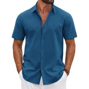 imageCOOFANDY Mens Button Down Shirts Short Sleeve Casual Shirt Cotton Summer Beach Linen Wedding ShirtsSea Blue