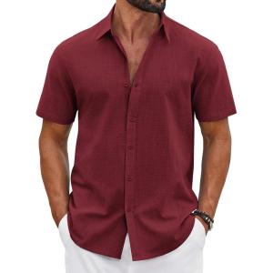 imageCOOFANDY Mens Button Down Shirts Short Sleeve Casual Shirt Cotton Summer Beach Linen Wedding ShirtsWine Red