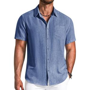 imageCOOFANDY Mens Button Down Shirts Short Sleeve Casual Shirt Summer Beach Textured ShirtsDenim Blue