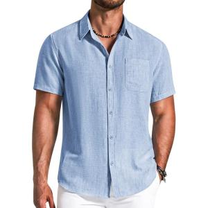 imageCOOFANDY Mens Button Down Shirts Short Sleeve Casual Shirt Summer Beach Textured ShirtsLight Blue