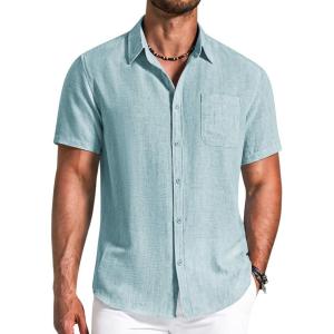 imageCOOFANDY Mens Button Down Shirts Short Sleeve Casual Shirt Summer Beach Textured ShirtsMint Green