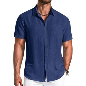 imageCOOFANDY Mens Button Down Shirts Short Sleeve Casual Shirt Summer Beach Textured ShirtsNavy Blue