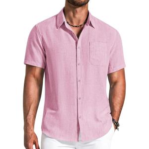 imageCOOFANDY Mens Button Down Shirts Short Sleeve Casual Shirt Summer Beach Textured ShirtsPink