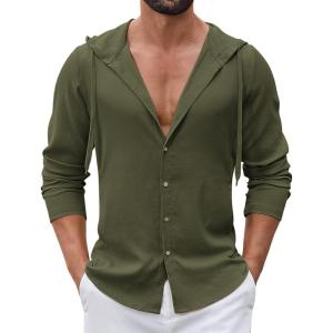 imageCOOFANDY Mens Casual Button Down Shirt Summer Beach Shirts Lightweight Hoodie Sun Protection Coverup for Travel VacationArmy Green