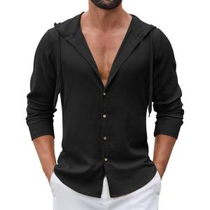 imageCOOFANDY Mens Casual Button Down Shirt Summer Beach Shirts Lightweight Hoodie Sun Protection Coverup for Travel VacationBlack