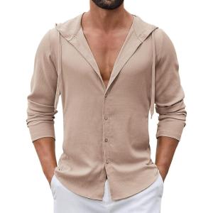 imageCOOFANDY Mens Casual Button Down Shirt Summer Beach Shirts Lightweight Hoodie Sun Protection Coverup for Travel VacationKhaki