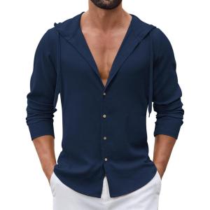 imageCOOFANDY Mens Casual Button Down Shirt Summer Beach Shirts Lightweight Hoodie Sun Protection Coverup for Travel VacationNavy Blue