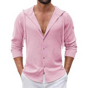 imageCOOFANDY Mens Casual Button Down Shirt Summer Beach Shirts Lightweight Hoodie Sun Protection Coverup for Travel VacationPink