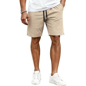 imageCOOFANDY Mens Casual Shorts Cotton Drawstring Elastic Waist Lightweight 9 Chino Golf Shorts Summer Beach ShortsLight Khaki