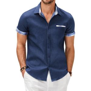 imageCOOFANDY Mens Cotton Casual Short Sleeve Button Down Shirt Plaid Collar Denim Work ShirtsA  Contrast Plaid Collar  Blue