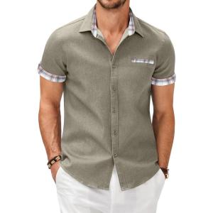 imageCOOFANDY Mens Cotton Casual Short Sleeve Button Down Shirt Plaid Collar Denim Work ShirtsA  Contrast Plaid Collar  Green