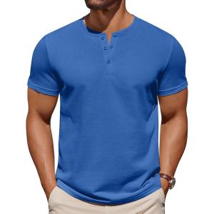 imageCOOFANDY Mens Cotton Henley TShirts Short Sleeve Button Casual Basic Tees Work Shirts with Split SideBlue
