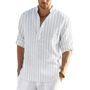 imageCOOFANDY Mens Cotton Linen Henley TShirt Long Sleeve Hippie Casual Beach TShirtsBlue Pinstripe