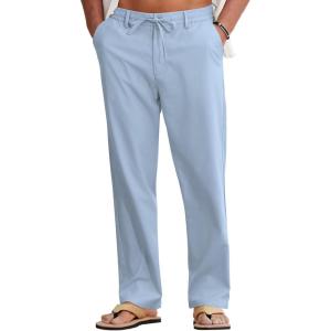 imageCOOFANDY Mens Cotton Linen Pants Casual Drawstring Summer Beach Pants Lightweight Linen Dress TrousersLight Blue