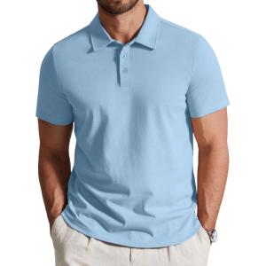 imageCOOFANDY Mens Cotton Polo Shirt Short Sleeve Golf Shirts 3 Buttons Casual Work T ShirtsLight Blue