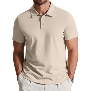 imageCOOFANDY Mens Cotton Polo Shirt Short Sleeve Golf Shirts 3 Buttons Casual Work T ShirtsLight Khaki