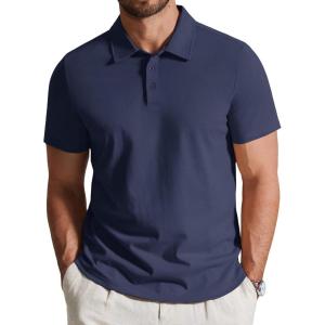 imageCOOFANDY Mens Cotton Polo Shirt Short Sleeve Golf Shirts 3 Buttons Casual Work T ShirtsNavy Blue