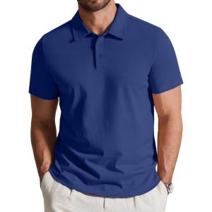 imageCOOFANDY Mens Cotton Polo Shirt Short Sleeve Golf Shirts 3 Buttons Casual Work T ShirtsRoyal Azure Blue