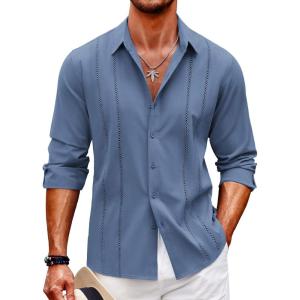 imageCOOFANDY Mens Cuban Guayabera Shirt Casual Button Down Shirts Long Sleeve Summer Beach ShirtsGray Blue