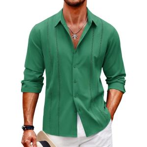 imageCOOFANDY Mens Cuban Guayabera Shirt Casual Button Down Shirts Long Sleeve Summer Beach ShirtsOasis Green