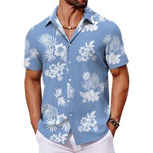 imageCOOFANDY Mens Hawaiian Shirt Short Sleeve Button Down Shirts Tropical Floral Summer Beach ShirtsBlue  White Flower