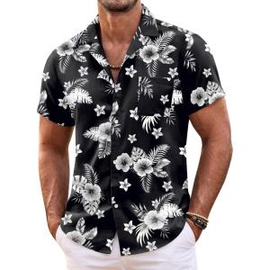 imageCOOFANDY Mens Hawaiian Shirt Short Sleeve Floral Button Down Shirts Tropical Summer Beach Shirts Camp Collar ShirtBlackwhite Flower