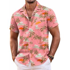 imageCOOFANDY Mens Hawaiian Shirt Short Sleeve Floral Button Down Shirts Tropical Summer Beach Shirts Camp Collar ShirtPink Coconut Tree  Sea