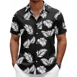 imageCOOFANDY Mens Hawaiian Shirts Short Sleeve Button Down Aloha Shirts Summer Vacation Beach ShirtsBlackpalm Leaf