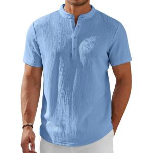 imageCOOFANDY Mens Henley Shirt Short Sleeve Stand Collar Summer Casual Beach Hippie TShirtsBlue