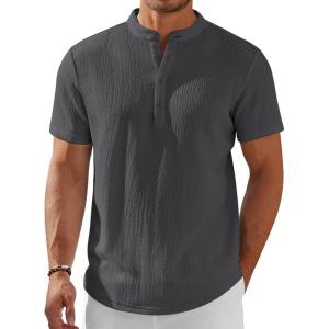 imageCOOFANDY Mens Henley Shirt Short Sleeve Stand Collar Summer Casual Beach Hippie TShirtsDark Grey