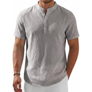 imageCOOFANDY Mens Henley Shirt Short Sleeve Stand Collar Summer Casual Beach Hippie TShirtsStriped Brown  White