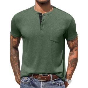 imageCOOFANDY Mens Henley Shirts Short Sleeve Button T Shirt Casual Summer Basic Tee Tops with PocketArmy Green