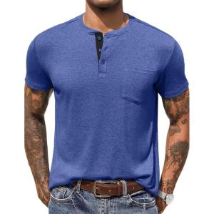 imageCOOFANDY Mens Henley Shirts Short Sleeve Button T Shirt Casual Summer Basic Tee Tops with PocketAzure Blue