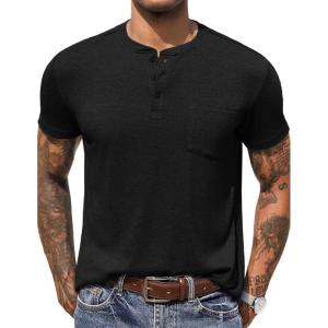 imageCOOFANDY Mens Henley Shirts Short Sleeve Button T Shirt Casual Summer Basic Tee Tops with PocketBlack