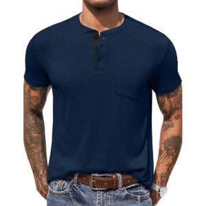 imageCOOFANDY Mens Henley Shirts Short Sleeve Button T Shirt Casual Summer Basic Tee Tops with PocketDark Blue