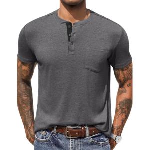 imageCOOFANDY Mens Henley Shirts Short Sleeve Button T Shirt Casual Summer Basic Tee Tops with PocketDark Gray