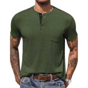 imageCOOFANDY Mens Henley Shirts Short Sleeve Button T Shirt Casual Summer Basic Tee Tops with PocketDark Green