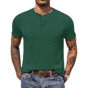 imageCOOFANDY Mens Henley Shirts Short Sleeve Button T Shirt Casual Summer Basic Tee Tops with PocketEvergreen