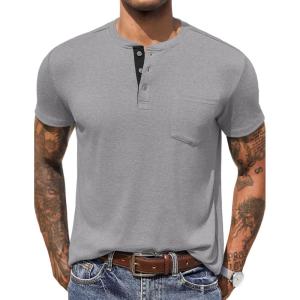 imageCOOFANDY Mens Henley Shirts Short Sleeve Button T Shirt Casual Summer Basic Tee Tops with PocketGrey