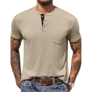 imageCOOFANDY Mens Henley Shirts Short Sleeve Button T Shirt Casual Summer Basic Tee Tops with PocketKhaki