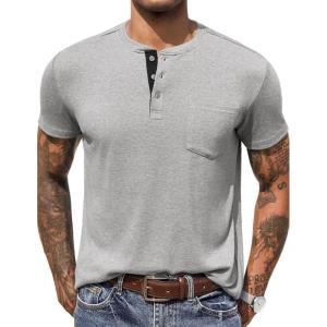 imageCOOFANDY Mens Henley Shirts Short Sleeve Button T Shirt Casual Summer Basic Tee Tops with PocketLight Gray