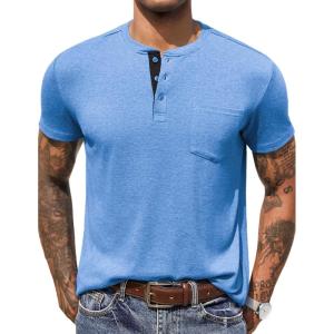 imageCOOFANDY Mens Henley Shirts Short Sleeve Button T Shirt Casual Summer Basic Tee Tops with PocketLightblue