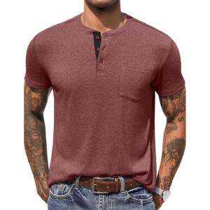 imageCOOFANDY Mens Henley Shirts Short Sleeve Button T Shirt Casual Summer Basic Tee Tops with PocketRed