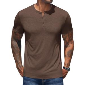 imageCOOFANDY Mens Henley Shirts Short Sleeve Casual Basic Henley Tee Summer Button Lightweight Stretch T ShirtsBrown