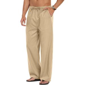 imageCOOFANDY Mens Linen Pant Elastic Waist Linen Pants Drawstring Summer Beach PantA Beige